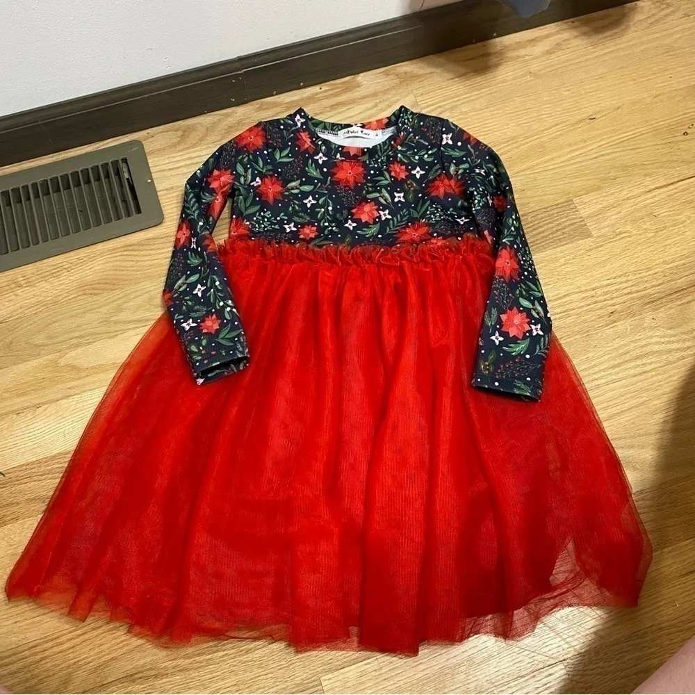 Winter Tulle Dress Sz 4 Girls Christmas Red Green Poinsettia Long Sleeve Kids